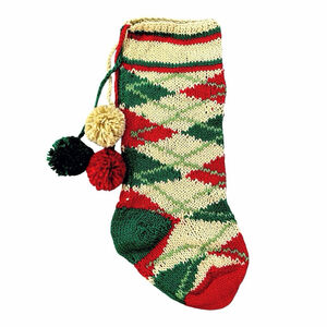 Vintage Knit Christmas Stocking Beige Tan Red Green Pom Poms Argyle Print 20 in
